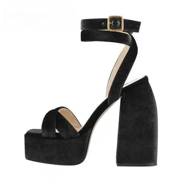 Sandalias negras con plataforma y punta abierta para mujer, tacones altos y gruesos