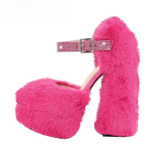 Women Platform Round Toe Fur Chunky Heels Black Ankle Strap Sandals