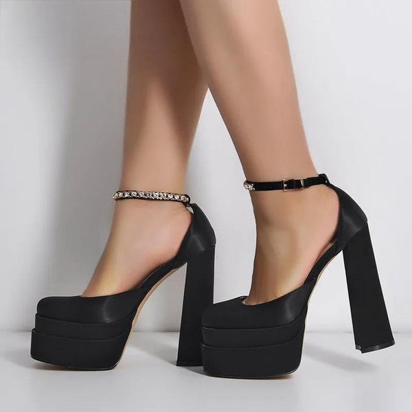 Square Toe Sandals Platform Thick High Heels Solid Mixed Colors Crystal Buckle Stain Sandals