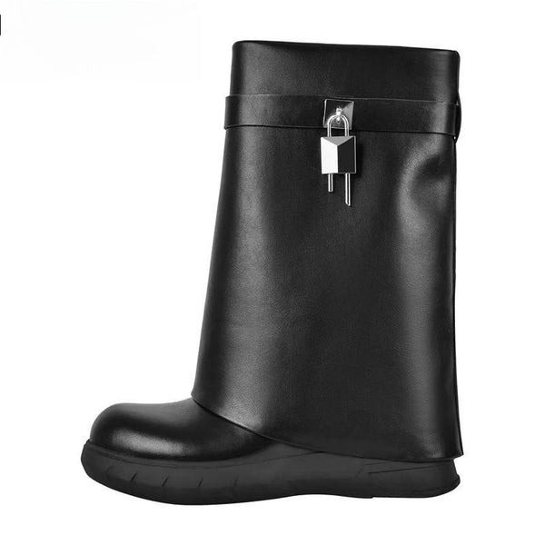 Women Black Matte Lock Shark Skirt Boots Thick High Heel Short Fold Woman Boots