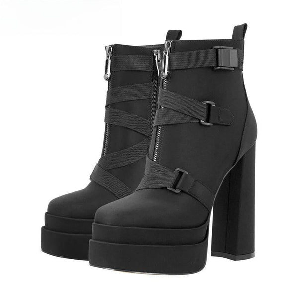 Platform Ankle Boots  Round Toe Zipper Strap  Chunky Thick Heels