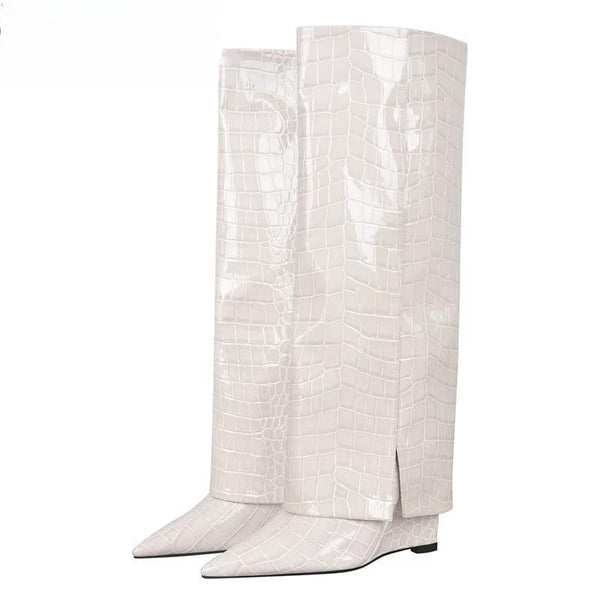 Woman Fold Over Boots Pointed Toe Wedge Heel High Winter  Big Size  Boots