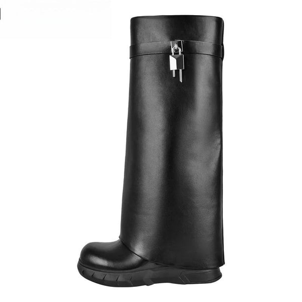 Women Black Shark Lock Pants Boots Wedge Brand Fold Knee High Heel