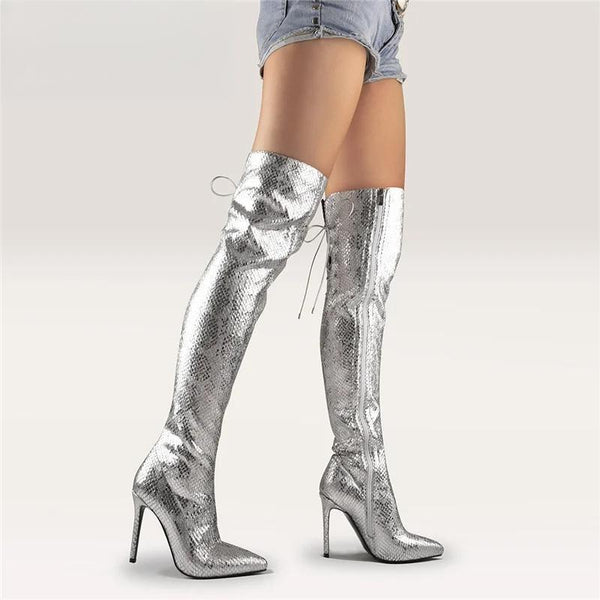 Botas por encima de la rodilla con punta puntiaguda y tacón alto fino para mujer