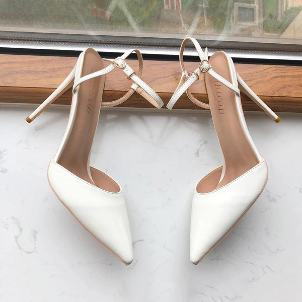 Zapatos de tacón alto con tiras y punta puntiaguda para mujer, color blanco brillante
