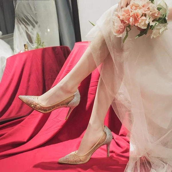 Zapatos de fiesta de tacón alto con punta puntiaguda y lentejuelas brillantes en la parte posterior para mujer