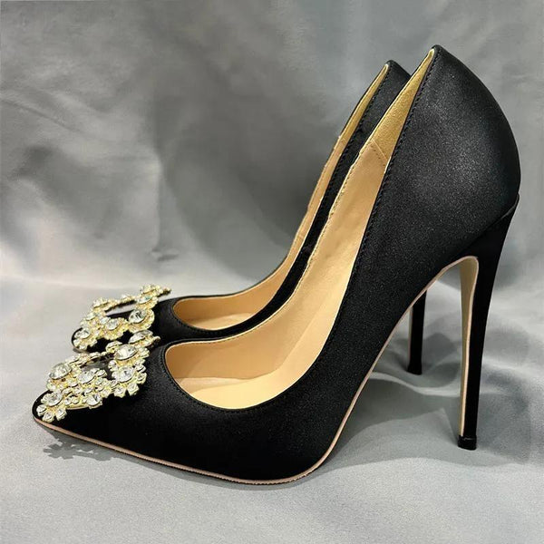 Zapatos de tacón alto con punta puntiaguda y diamantes cuadrados con purpurina para mujer, de satén negro
