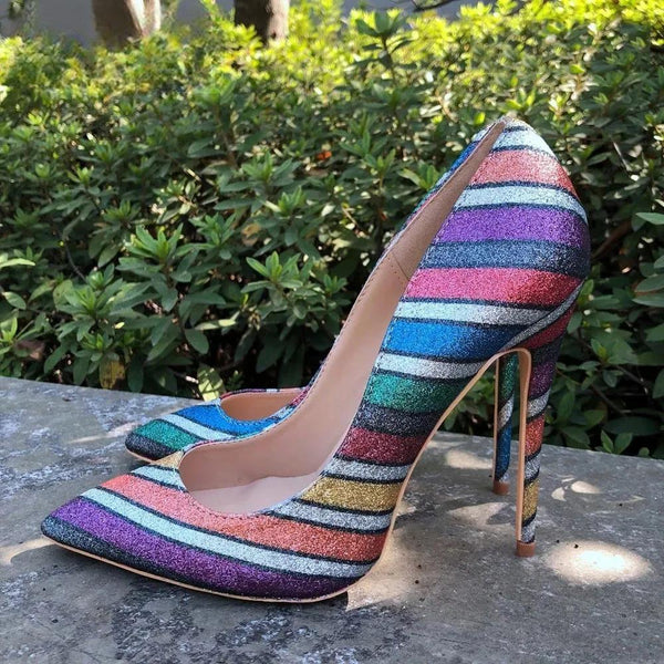 Tacones altos iridiscentes arcoíris para mujer, brillantes, con purpurina y punta puntiaguda.