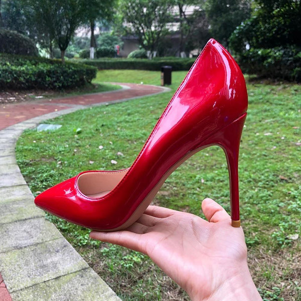 Zapatos de tacón alto con punta puntiaguda y charol rojo liso para mujer, elegantes zapatos de tacón de aguja para mujer
