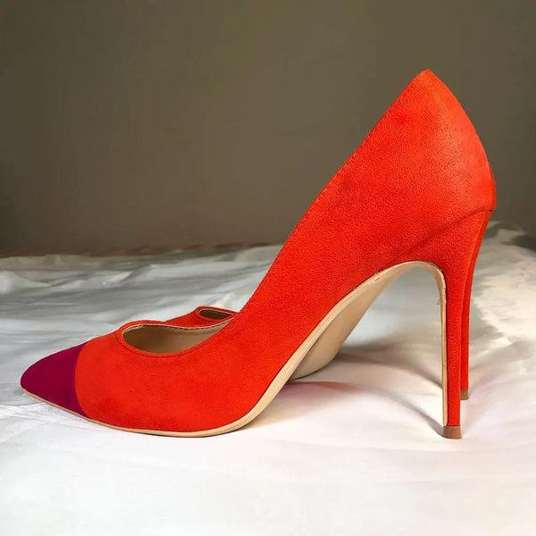 Patchwork Women Orange Faux Suede Pointed Toe Stiletto Pumps 8cm 10cm 12cm High Heels