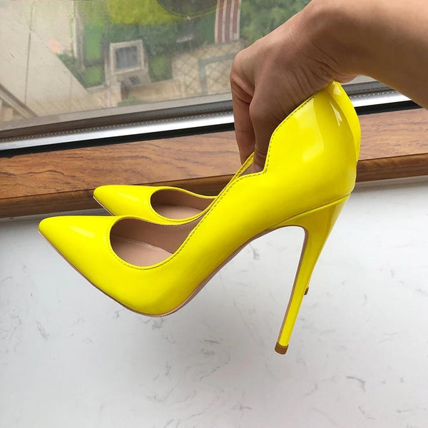 Curl Cut Women Glossy Yellow Pointy Toe High Heel Party Shoes