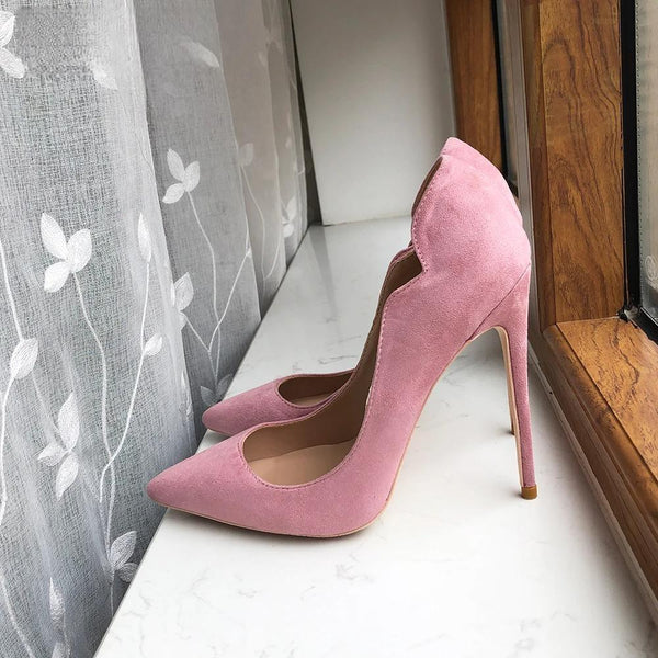 Curl cut Women Pink Flock Pointy Toe High Heel Shoes