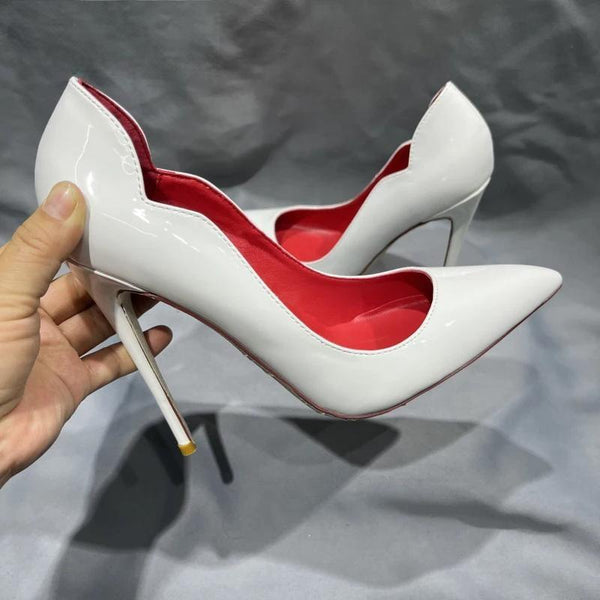 Zapatos de tacón alto Tikicup para mujer, con punta puntiaguda, corte rizado y charol brillante