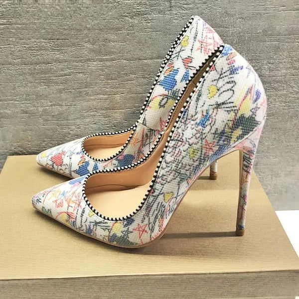 Sew Edged Women Graffiti Printed Stiletto High Heels