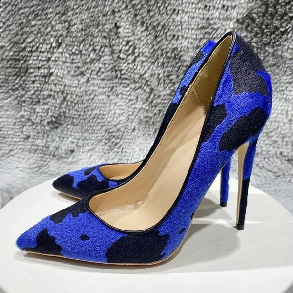 Blue Cow Women Hairy Flock Pointy Toe High Heel Shoes