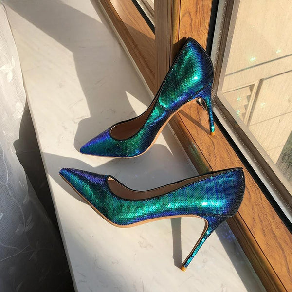Tacón alto de 12 cm, 10 cm y 8 cm con lentejuelas verdes y azules para mujer, sexy, con purpurina y punta puntiaguda.