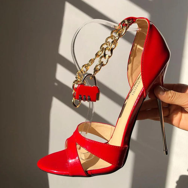 Sandalias de tacón ultra alto de 16 cm con cierre de cadena metálica para mujer