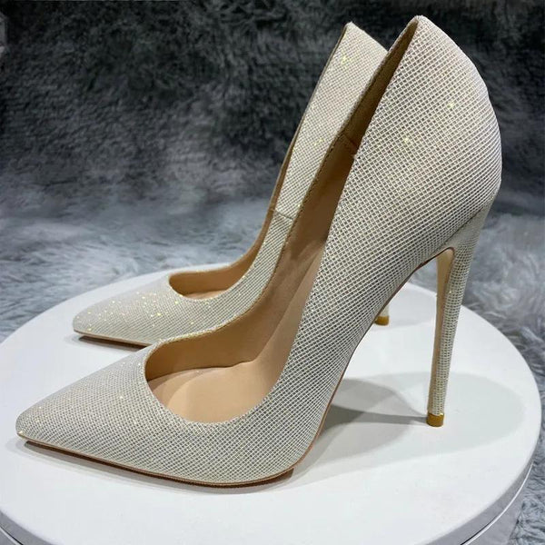 Sparkly Silver Women Designer Pointed Toe High Heels Bling Wedding Bridal Shoes