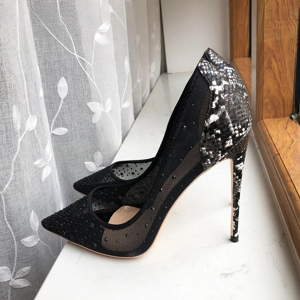 Croc-effect Women Pointed Toe Mesh Pumps With Tiny Studs Black Sexy Ladies Party High Heel
