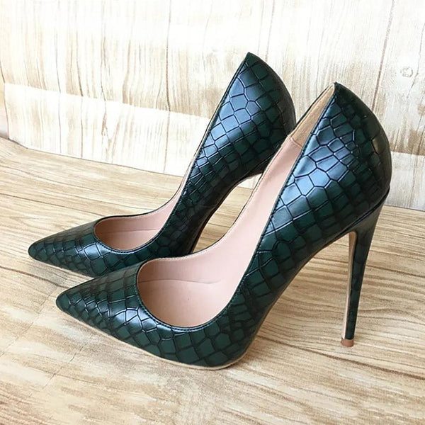 Dark Green Croc-Effect Embossed Pattern Women Pointed Toe High Heels