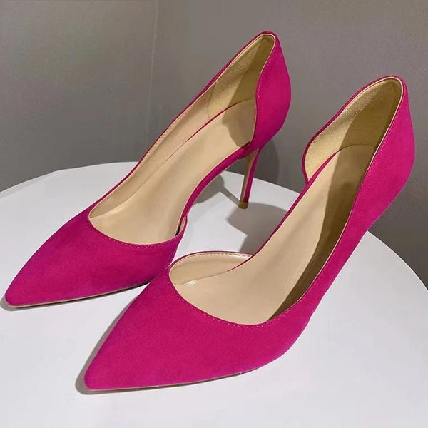 Rose Pink Women Flock Pointy Toe D'Orsay High Heel Wedding Shoes