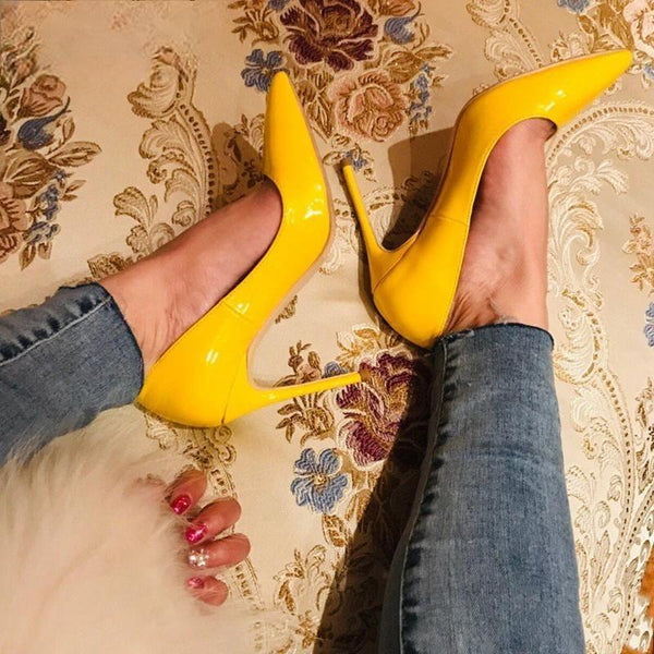 Yellow Women Patent Pointed Toe Pumps Fashion Ladies Party Dress High Heels Shoes