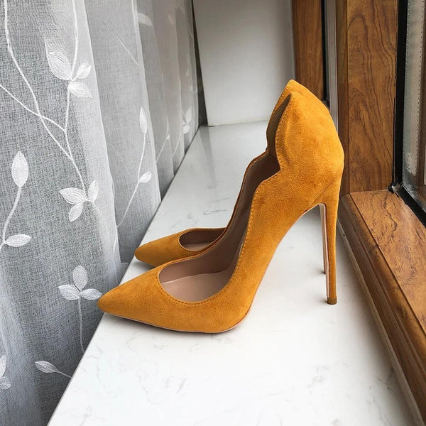 Curl Cut Women Yellow Flock Pointy Toe High Heel Shoes