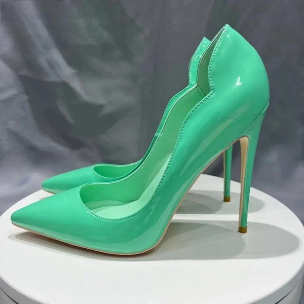 Glossy Green Side V Cut Women Patent Pointy Toe Curl Cut High Heel Dress Shoes