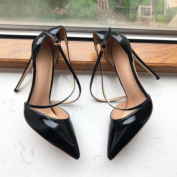 Instep Cross Strap Women Black Patent Pointy Toe High Heel Shoes Summer