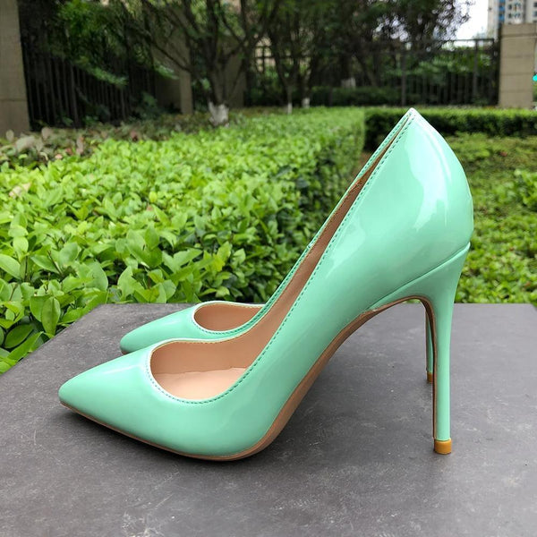 Solid Mint Green Women Glossy Patent Pointed Toe Stiletto Pumps