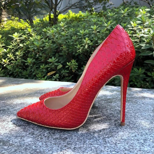 Women Croc-Effect High Heels Red Pointy Stilettos