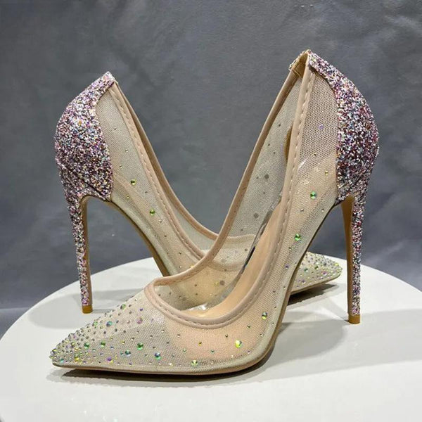 Glitter Sequined Women Gauze Mesh Pointy Toe High Heel Shoes