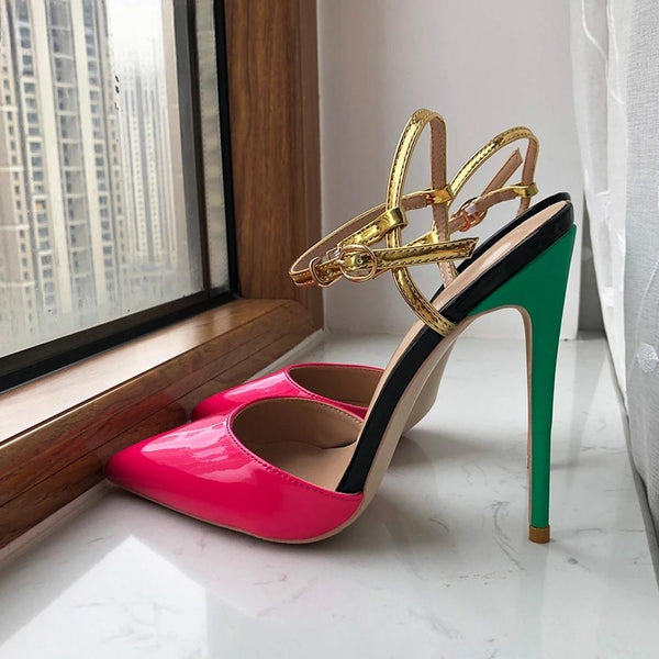Fusion Rose Pink Women Pointy Toe Backless High Heel Shoes Summer Ankle Strap Sexy Stiletto Pumps