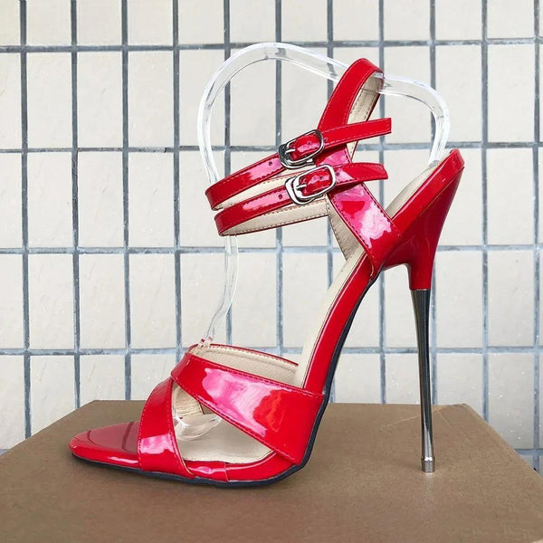 Sandalias de tacón de aguja con tiras en el tobillo y tacón de metal de 16 cm para mujer, para cosplay