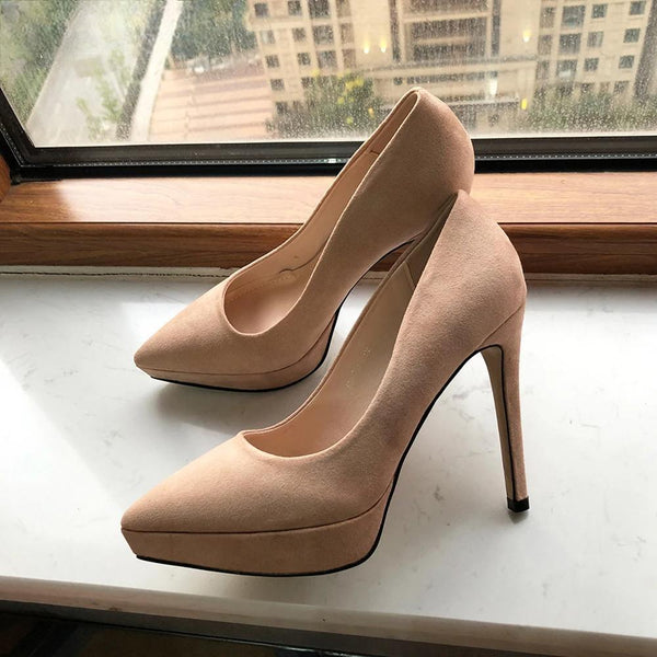 Women Flock Pointy Toe Platform High Heels Elegant Ladies Stiletto Pumps