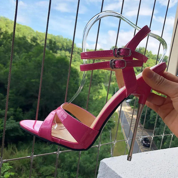 Sandalias de tacón de aguja con tiras en el tobillo y tacón de metal de 16 cm de alto para mujer