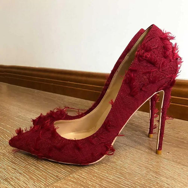 Burgundy Women Tassel Fabric Pointed Toe Stiletto Pumps