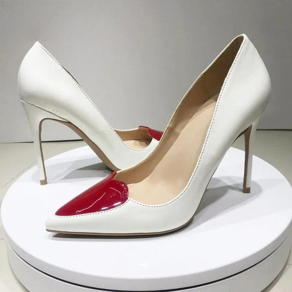 Red Love Heart Patchwork Women White Patent Pointy Stiletto High Heels