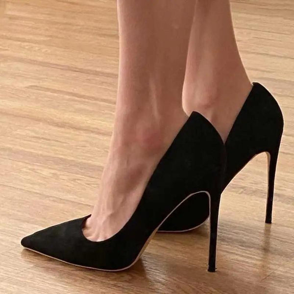 Women Solid Black Flock Pointed Toe Stiletto Pumps