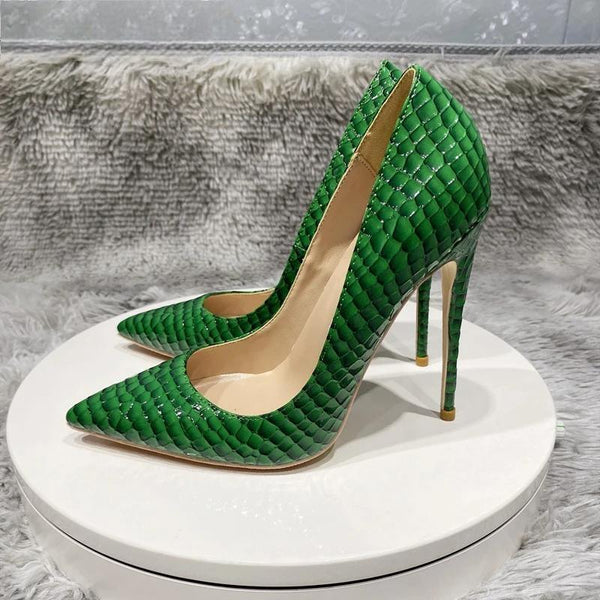 Green Crocodile Effect Women Sexy Pointy Toe High Heel Party Dress Shoes