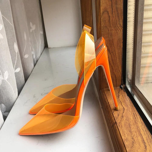 Orange Summer Women Transparent Soft PVC Pointy Toe High Heel