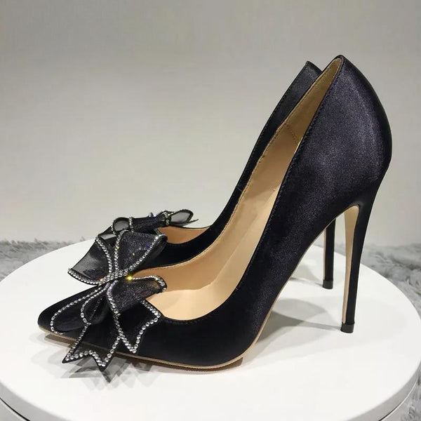 Silk Bowknot Women Satin Stiletto High Heels Slip On Pointed Toe Fashion Pumps