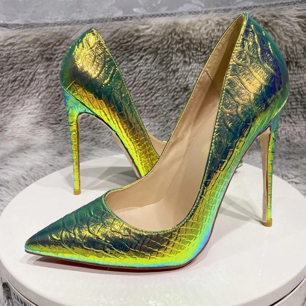 Shiny Green Crocodile Effect Women Sexy Pointy Toe High Heel Shoes