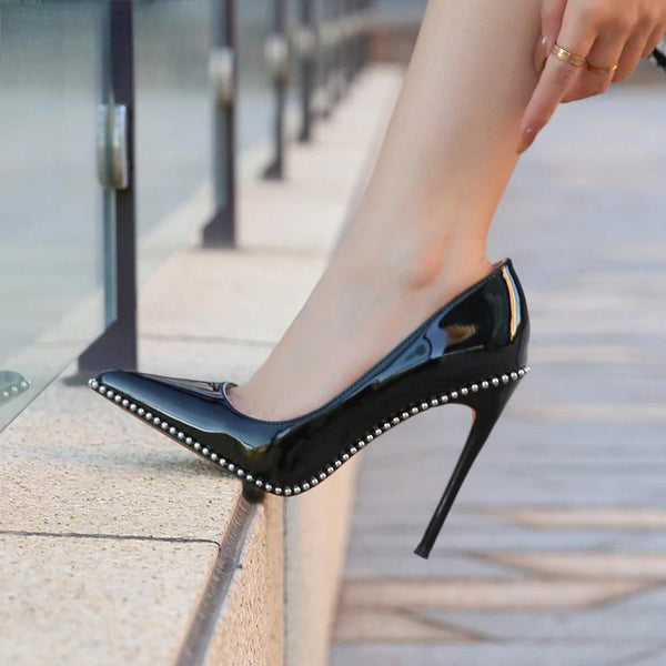 12cm Women Pointy Toe High Heel Shoes with Beads Sexy Ladies Dress Stiletto Pumps