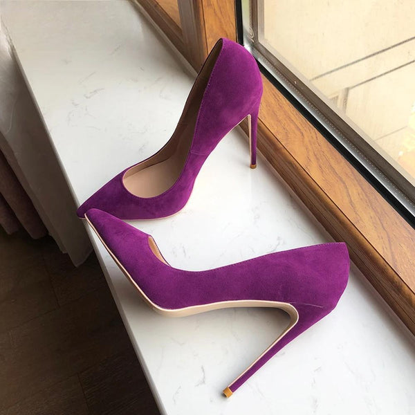 Women Solid Purple Flock Pointy Toe High Heels Elegant Ladies Gorgeous Stiletto