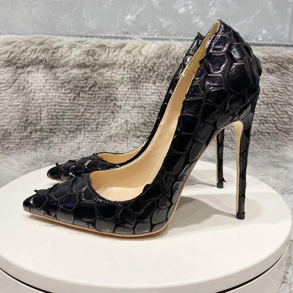 Black Crocodile-Effect Women Sexy Pattern Pointy Toe Stiletto Pumps