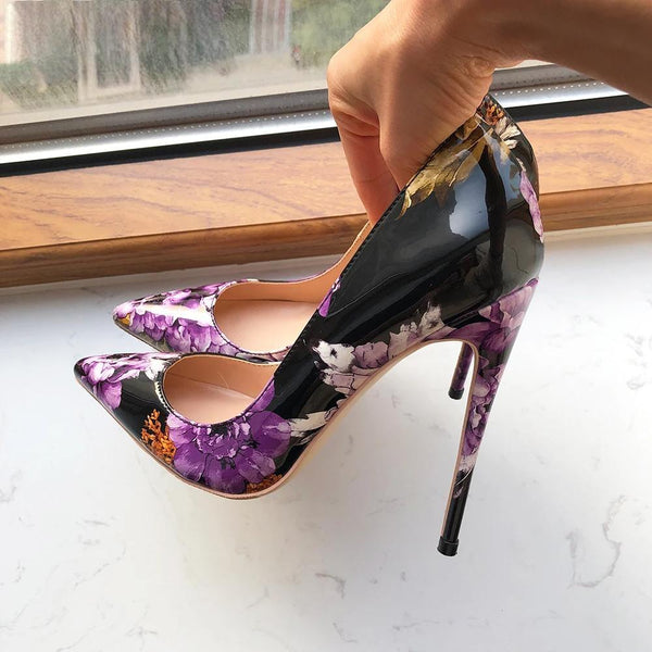 Zapatos de tacón alto de 8-12 cm con punta puntiaguda y estampado de flores moradas para mujer
