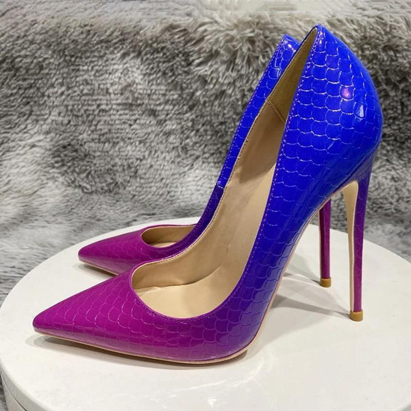 Tacón alto sexy para mujer, efecto cocodrilo, azul degradado, rosa, 8 cm, 10 cm y 12 cm.
