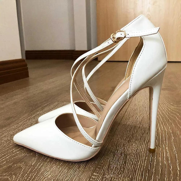 Women White Glossy Patent Cross Strap Stiletto Pumps
