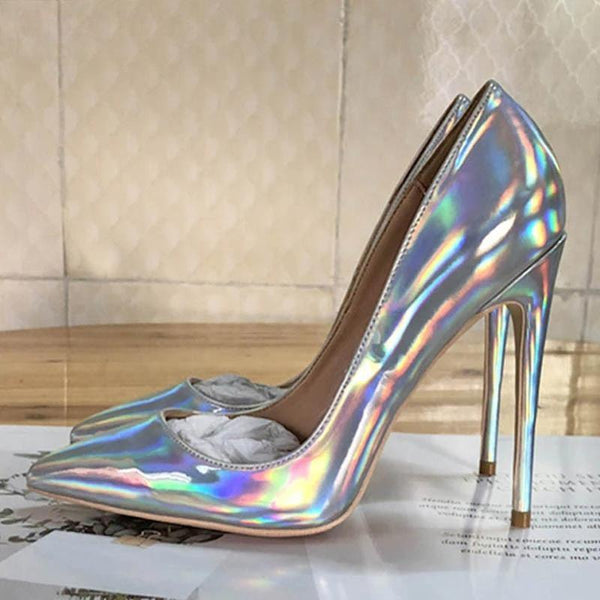 Laser Shiny Silver Patent Women Pointy Toe High Heel Party Shoes